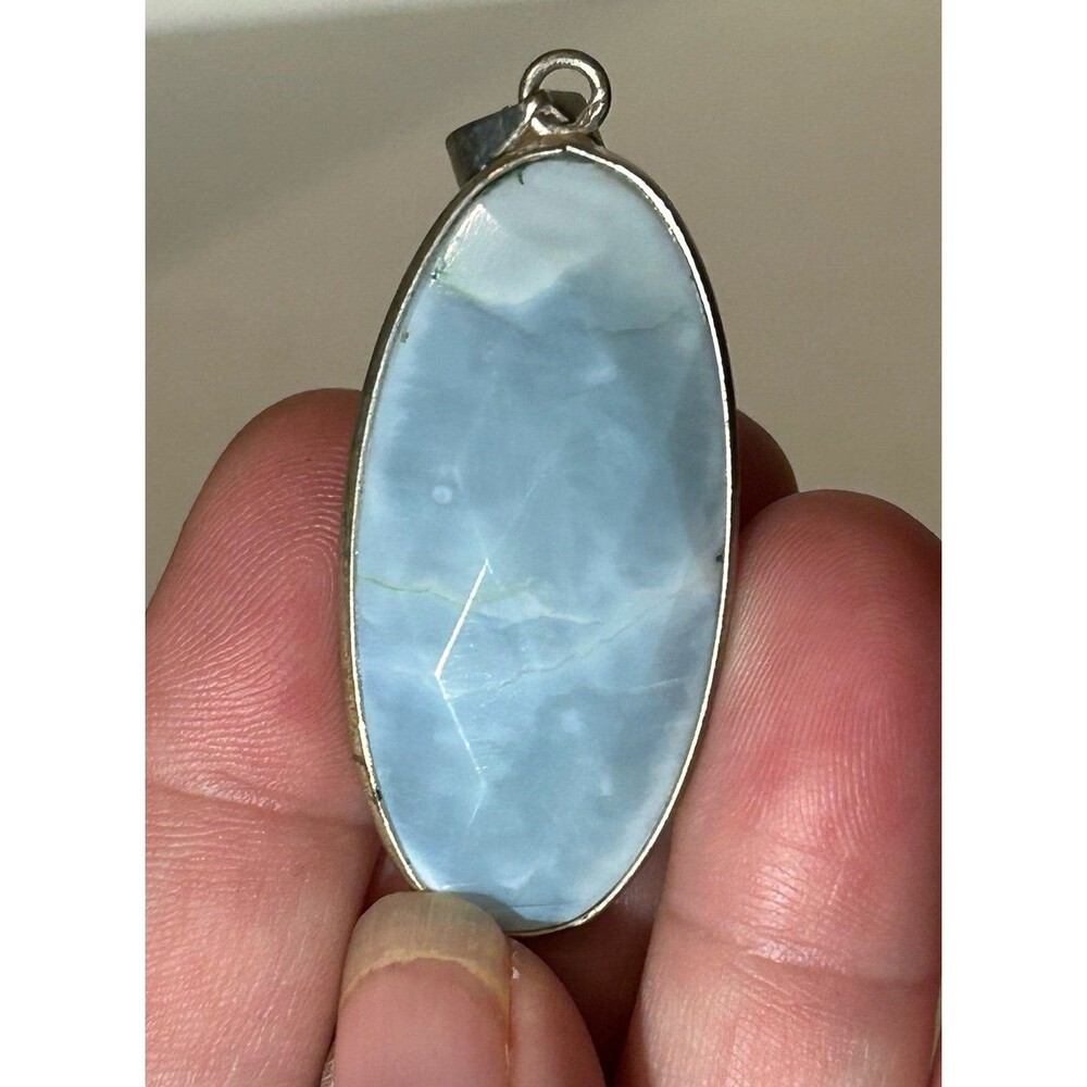 Oval Silver Tone Faceted Blue Opal Stone Pendant